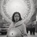 A woman walks down a city street holding a large, reflective orb under a dazzling circular light installation.