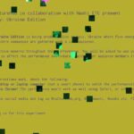 Text overlay with event details in green on black, mentioning a collaborative downtown variety show in ukraine, with interactive performance elements and web technology usage.